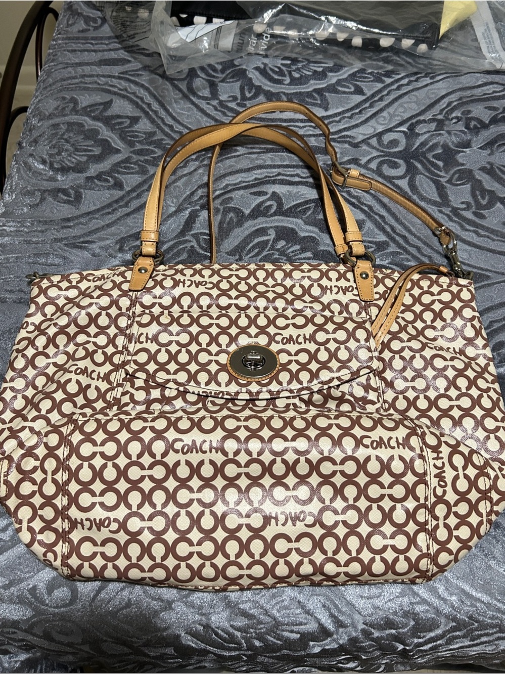 Coach Cream and Brown Signature Tote with Tan Leather Straps